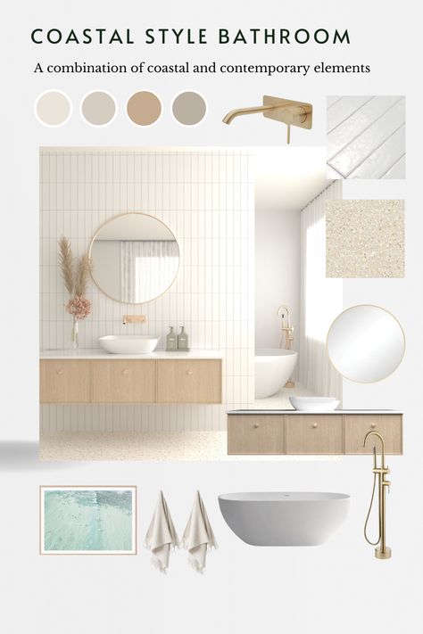 Coast Bathroom Ideas, Australian Coastal Bathroom, Coastal Ensuite Bathroom, Modern Coastal Interior Design Bathroom, Coastal Neutral Bathroom, Coastal Modern Master Bath, Costal Modern Bathroom, Modern Coastal Laundry Room, Modern Coastal Bathroom Design