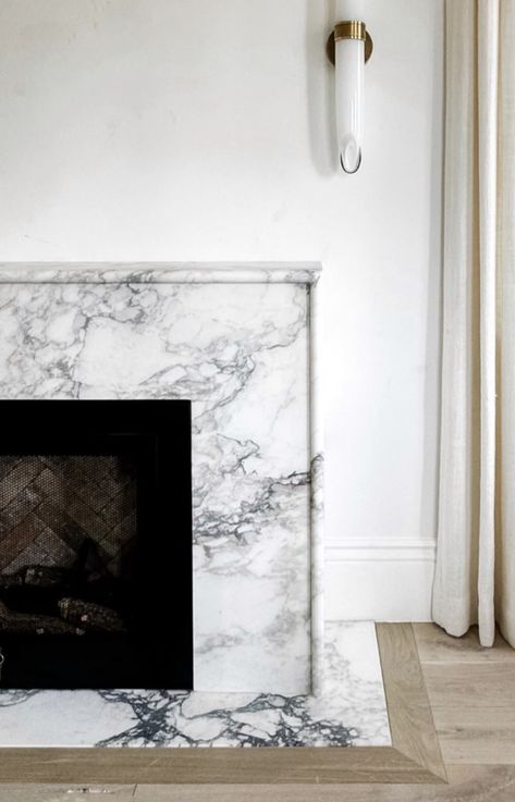 Modern Fireplace Marble, Gray Marble Fireplace, Marble Fireplace Makeover, Marble Gas Fireplace, Modern Marble Fireplace, White Marble Fireplace, Fireplace Renovation, Wood Fireplace Surrounds, Simple Marble