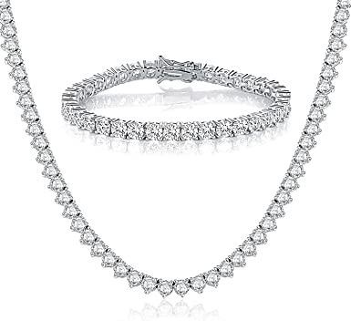 Tennis Chain18K White Gold Plated 4.00 Round Cubic Zirconia Bracelet and Necklace Sets for Women Men Tennis Jewelry, Cubic Zirconia Bracelet, Bracelet And Necklace, Sterling Silver Initial, Necklace Sets, Rose Quartz Ring, Women's Jewelry Sets, Tennis Necklace, Diamond Chain