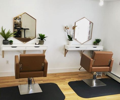 2 Chair Salon Suite, Geometric Mirrors, Hair Salon Stations, Deco Spa, Styling Chairs, Small Salon, Dream Salon, Beauty Room Salon, Home Hair Salons