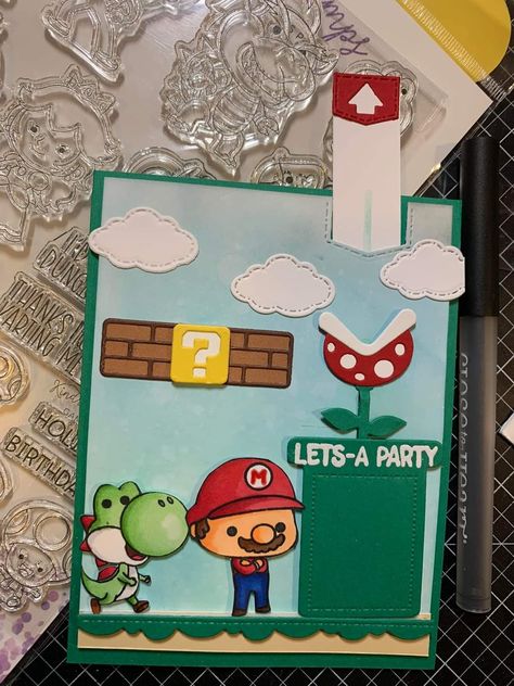 Super Mario Birthday Card, Mario Gifts, Pokémon Gifts, Super Mario Gifts, Kindred Stamps, Super Mario Birthday, Homemade Birthday Cards, Pokemon Gifts, Mario Birthday