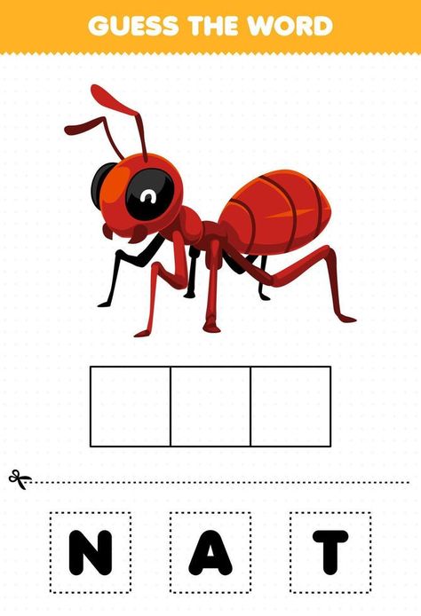 Education game for children guess the word letters practicing of cute cartoon ant printable bug worksheet Ant Worksheet, Ants Printable, Bug Printable, Airplane Kids, English Worksheets For Kindergarten, Guess The Word, Game For Children, Alphabet Puzzles, Lettering Practice