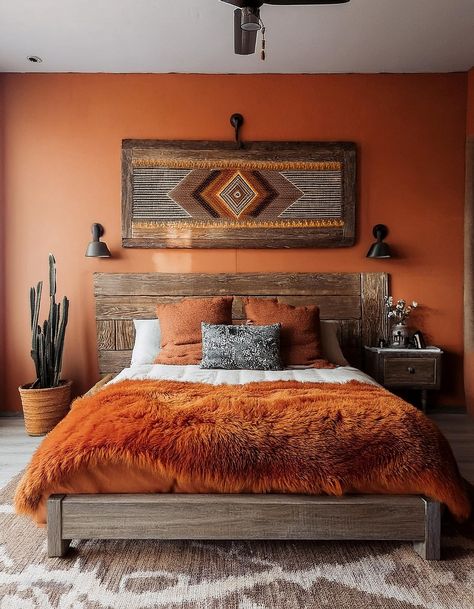 Arizona Themed Bedroom, Rustic Orange Bedroom, Southwestern Bedroom Ideas, Southwest Interior, Southwest Aesthetic, Southwest Bedroom, Southwestern Bedroom, Bachelor Bedroom, Dark Boho Living Room