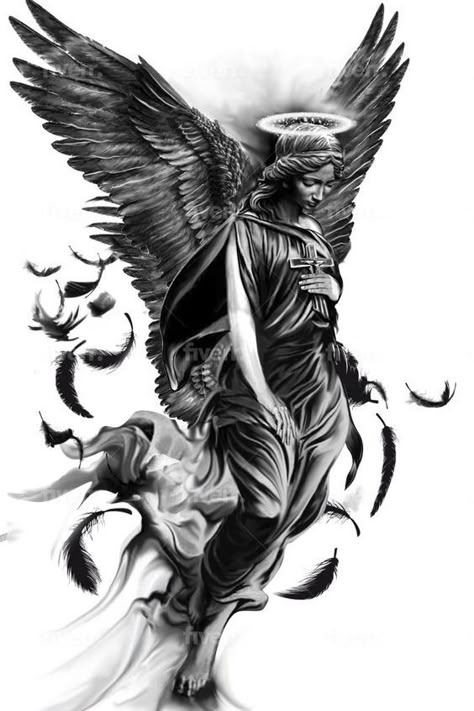 Angel Warrior Tattoo, Angel Sleeve Tattoo, Christus Tattoo, Guardian Angel Tattoo Designs, Guardian Angel Tattoo, Archangel Tattoo, Heaven Tattoos, Half Sleeve Tattoos Drawings, Realistic Tattoo Sleeve