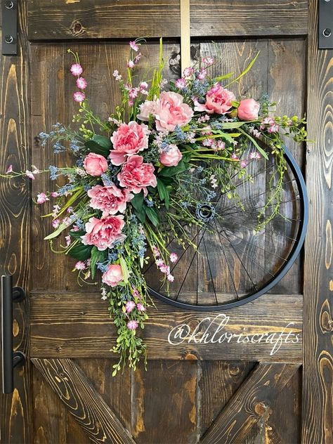 Bicycle Wheel Decor, Summer Door Decorations, Wheel Wreath, Spring Door Decoration, Porch Wall Decor, Spring Flower Wreath, Peony Wreath, Farmhouse Door, Easter Spring Wreath