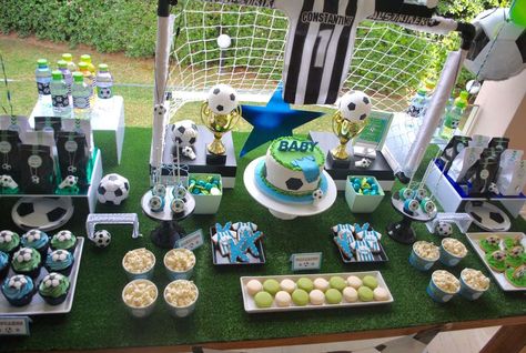 He's already kickin'! | CatchMyParty.com Soccer Party Food, Soccer Gender Reveal, Soccer Baby Showers, Soccer Baby, Soccer Birthday Parties, Football Birthday Party, Soccer Birthday, Gender Reveal Decorations, Baby Gender Reveal Party