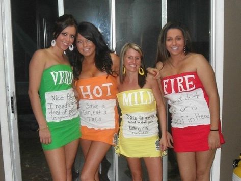 Taco Bell's hot sauces: Hot Sauce Costume, Gracie Lou Freebush, Office Halloween Costumes, Unique Couple Halloween Costumes, Blue Man Group, Trio Halloween Costumes, Cute Couple Halloween Costumes, Matching Costumes, Halloween Tattoo