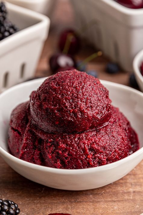 Creamy Berry Sorbet (Dairy Free) Acai Sorbet Recipe, Non Dairy Sorbet Recipe, Mixed Berry Sorbet Recipes, Homemade Fruit Sorbet Healthy, Acai Sorbet, Mixed Berry Sorbet, Berry Desserts, Sorbet Recipe, Berry Sorbet