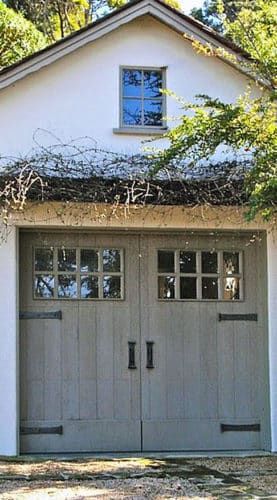 25 Gorgeous Garage Doors COCOCOZY Garage Doors Farmhouse, Garage In Front Of House, Historic Garage, Farmhouse Garage Doors, Garage Doors Ideas, Garage Outside, Garage Door Update, Grey Garage Doors, Cottage Garage