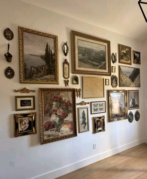 Antique Modern Gallery Wall, Gallery Wall With Wallpaper Background, Gallery Wall With Embroidery Hoop, Wall Of Vintage Frames, French Provincial Gallery Wall, Gallery Wall Ideas Dark Academia, Gallery Wall Above Bookshelf, Organic Gallery Wall Layout, Where To Hang Art In Bedroom