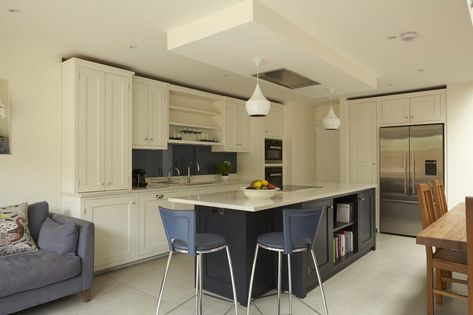 Victorian side return painted shaker kitchen including island and larder. Kitchen Island Hob, Wandsworth London, Painted Shaker Kitchen, Best Kitchen Island, Kitchen Extractor Fan, Kitchen Extractor, Shaker Kitchens, House Extension Plans, Extension Plans