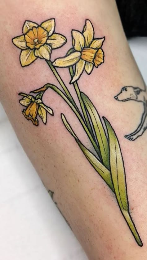 Yellow Daffodils Tattoo, Neo Trad Daffodil, Art Deco Daffodil, Two Daffodils Tattoo, Carnation And Daffodil Tattoo, Dafadills Tattoo Design, Daffodil Tattoo Sleeve, Daffodil Tattoo Color, Dafodill Flowers Tattoo