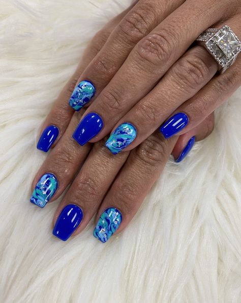 Blue Nails With Marble Design, Electric Blue Nails Design, Blue And White Marble Nails Short, Marble Turquoise Nails, Blue Marble Nails With Rhinestones, Purple Blue Marble Nails, Blue Marble Nails, Sweet Nails, Summer Gel Nails