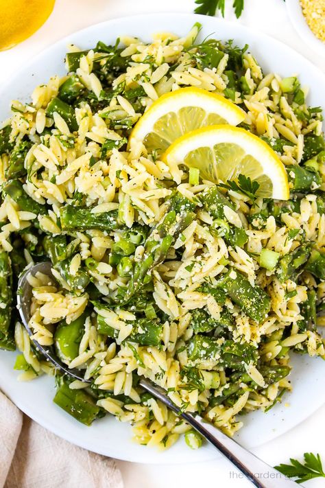 Lemon Asparagus Orzo (Easy, Vegan!) Orzo Easy, Recipe With Parsley, Orzo Asparagus, Asparagus Orzo, Orzo Casserole, Broccoli With Garlic Sauce, Garden Grazer, Ways To Cook Asparagus, Pasta With Lemon