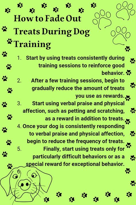 Remember, every dog is different, so the rate at which you fade out treats will depend on your dog's individual progress. With patience and consistency, you can train your dog to respond to verbal praise and physical affection as well as treats! Lacrosse Training, Dog Commands Training, Dog 101, Dog Clicker Training, Farm Work, How To Fade, Puppy 101, Dog Behavior Training, Dog Remedies