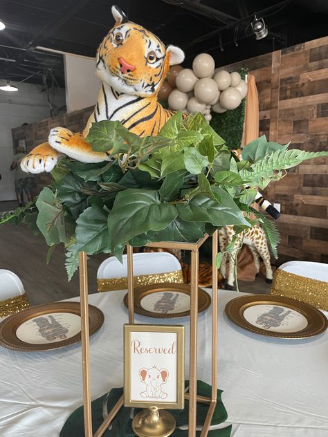 Tiger in the vines Lion Centerpiece Ideas, Tiger Centerpieces, Tiger Themed Centerpieces, Safari Centerpieces Baby Shower Ideas, Tiger Baby Shower Theme, Safari Balloon Table Centerpieces, Safari Theme Centerpieces, Lion King Centerpieces Baby Showers, Lion Baby Shower Theme