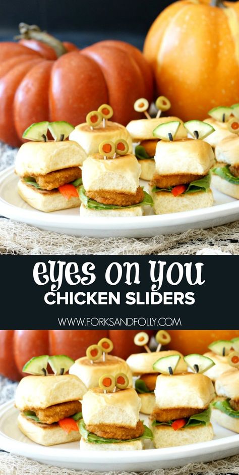 AD Looking for a 'Mummy'-approved Halloween treat? These Halloween Chicken Nugget Sliders with monster eyes are the sandwich for the season! With a drizzle of barbecue sauce and a few kid-approved veggies, we’re sandwiching the @TysonFoods Chicken Nuggets between toasted slider rolls. Yum! #HalloweenWithTyson Monster Sliders Halloween, Halloween Chicken Recipes, Halloween Chicken Nuggets, Halloween Sliders Sandwiches, Chicken Nugget Sliders, Halloween Sliders, Halloween Nuggets, Halloween Food Dishes, Halloween Sandwich