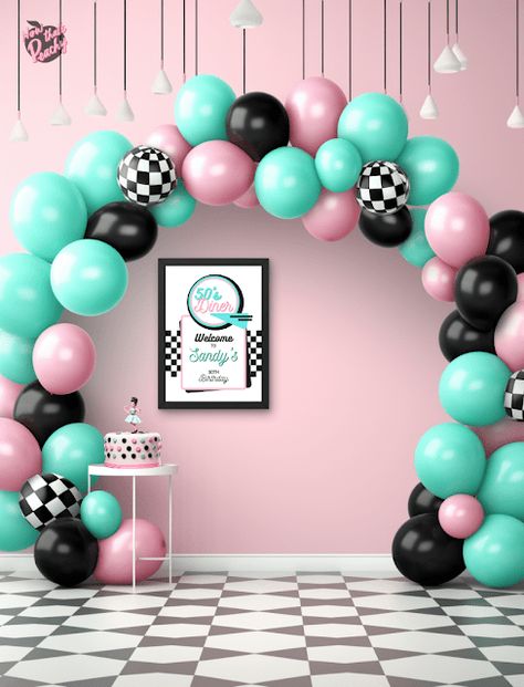 Sock Hop Party Ideas For Adults | Diner 1950s Parties Inspo | Now thats Peachy Fifties Theme Party 1950s, 50s Photo Backdrop, 50s Party Ideas Decoration, 50s Dance Party, Sock Hop Balloon Arch, Diner Theme Party Food, 50s 60s Party Decorations, Sock Hop Photo Booth, Sock Hop Trunk Or Treat