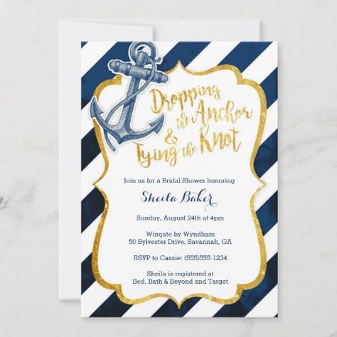 $3.08 | Navy & Gold Nautical Bridal Shower Invitation #bridal shower, shower invitation, stripes, gold, nautical anchor, navy and gold, nautical shower, nautical theme, anchor bridal shower, nautical, invitations, wedding, vintage, navy Nautical Bridal Shower, Nautical Invitations, Nautical Bridal Showers, Vintage Bridal Shower, Wedding Shower Invitations, Graduation Invitation, Nautical Anchor, Gold Invitations, Vintage Wedding Invitations