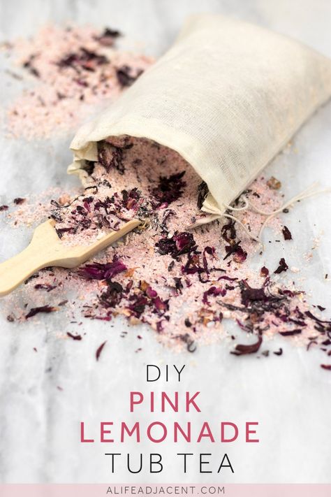 DIY Tub Tea — elevate your bath with these DIY pink lemonade tub tea bags. This natural recipe includes hibiscus, lemon peel and essential oils to create an uplifting pink lemonade scent. Makes a great homemade gift. #diybeauty #greenbeauty #homemadegifts #giftideas #bathtea #tubtea Bath Tea Recipe, Bath Tea Bags, Tub Tea, Coffee Facial, Facial Products, Dried Lemon, Homemade Lotion, Bath Tea, Beauty Tips For Face