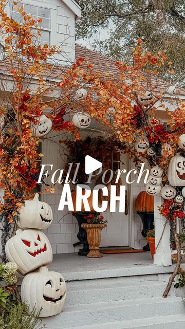 Karlee Gail Bowman on Instagram: "DIY PUMPKIN ARCH! Welcome to my magical fall home! This year’s porch pumpkin arch looks a little different. Maybe a bit more magical with trees, leaves and pumpkins. I’m going to add some twinkle lights soon! 😍" Pumpkin Arch Front Porch, Diy Pumpkin Arch, Fall Arch, Pumpkin Arch, Tree Limbs, Fallen Arches, Porch Pumpkins, Halloween Music, Halloween Crafts Decorations