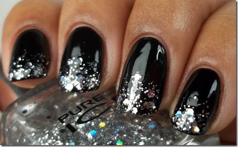 Pure Ice - Dazzle Me (Glitter Topcoat over black) Black And Silver Nail Designs, Glitter Nails Art, Glitter Nail Ideas, Nails Art Tutorial, Black Silver Nails, Black To Silver Ombre, Black Ombre Nails, Silver Nail Designs, Colour Gradient