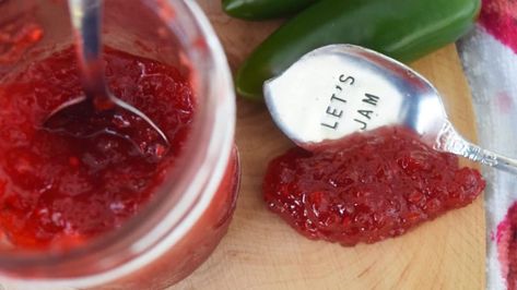 Green Tomato Strawberry Jalapeño Jam - Soulfully Made Strawberry Jalapeno Jam Recipe, Green Tomato Jam Recipe, Strawberry Jalapeno Jam, Jalapeno Jelly Recipes, Jalapeno Jam, Jalapeno Jelly, Green Tomato Recipes, Strawberry Jam Recipe, Home Canning Recipes