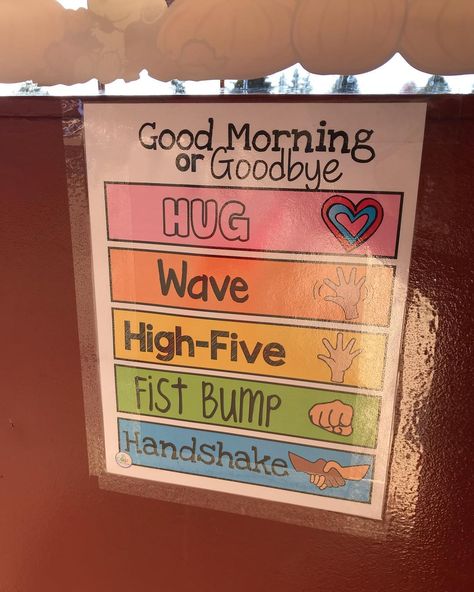 Started doing greeting choices this morning, and my kiddos LOVED it!! I realized I was giving every kid a high five in the morning but sometimes a kiddo may need a hug to start their day or a silly fist bump so I decided to switch it up and give them the choice! Almost every kid wanted a hug, even ones that don’t typically ask for hugs on a daily basis, it made my heart happy! Next step is to assign a kiddo each day to say goodbye to each student as they leave...more to come! 💕 find resource at Responsive Classroom, Classroom Culture, Classroom Behavior, New Classroom, Classroom Setup, Classroom Setting, Classroom Community, Beginning Of School, Future Classroom