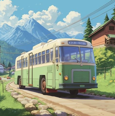 Ghibli Style Art, Ghibli Places, Bus Anime, Bus Aesthetics, Bus Background, Bus Aesthetic, Studio Ghibli Style, Ghibli Background, Bus Cake