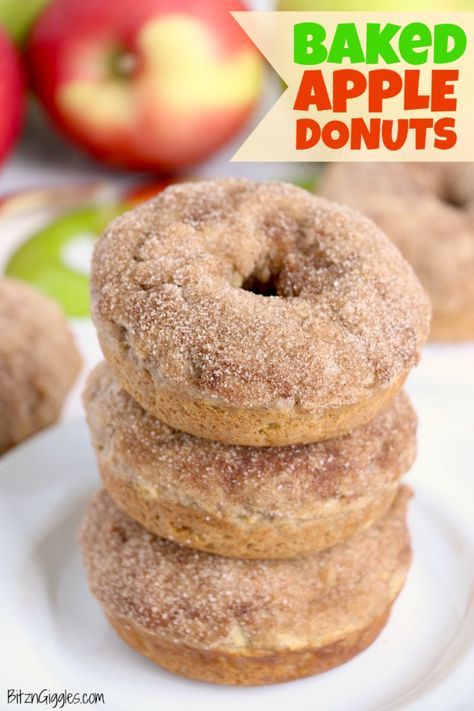 Baked Apple Donuts - Homemade fresh apple donuts, sprinkled with a crunchy cinnamon sugar. Baked, not fried and so delicious! #bitzngiggles #baked #donuts #apple #cinnamon #fall #recipe Apple Donut, Apple Recipes Easy Healthy, Gluten Free Apple Recipes, Double Crunch, Apple Recipes Healthy, Apple Donuts, Cinnamon Donuts, Healthy Donuts, Apple Recipes Easy