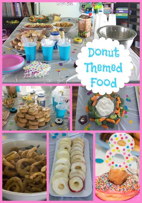 A look at our simple donut themed birthday party. With donut (or douhgnut) themed decorations, food, favors, and printables. Donut Grow Up First Birthday Food Ideas, Donut Birthday Party Food Ideas, Donut Food Ideas, Donut Themed Food, Donut Themed Party Food, Donut Party Treats, Donut First Birthday Party Food, Donut Adoption Party, Sweet One Party Food