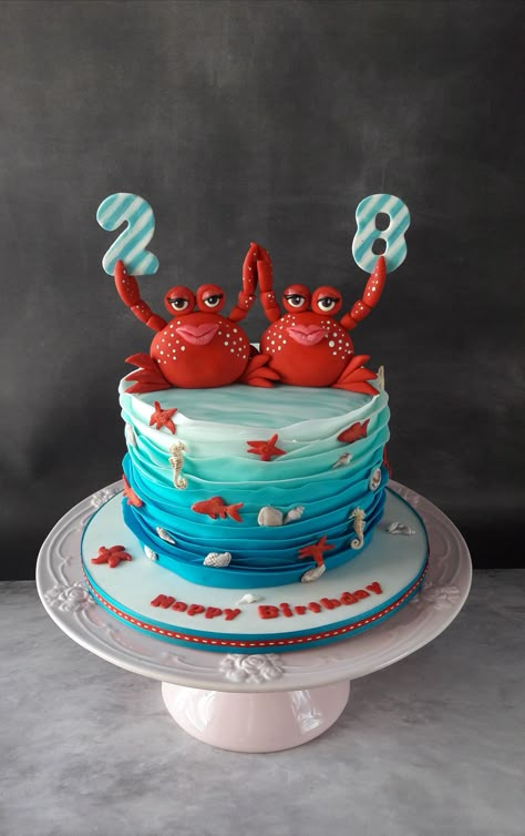 Seafood Cakes Design, Crab Cake Design, Crab Themed Cake, Crab Birthday Cake, Birthday Cake For Twins Sisters, Crab Cake, Crab Birthday Cakes, Crab Party, Beach Birthday Cake