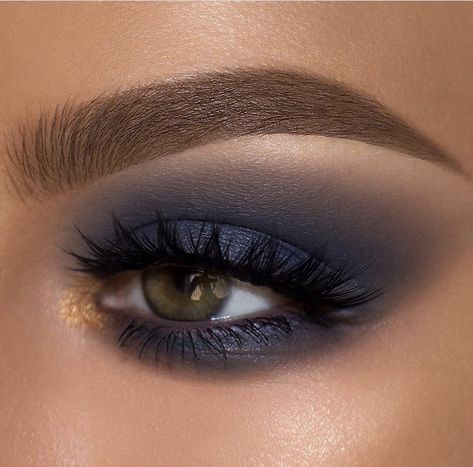 Navy blue smokey eye makeup with pop of gold Dark Navy Blue Makeup, Navy Smokey Eye Makeup, Dark Blue Smokey Eye Makeup, Navy And Gold Makeup, Navy Blue Makeup Looks Smokey Eye, Navy Blue Smokey Eye Makeup, Navy Makeup Looks, Christening Makeup, Smokey Eye Makeup Blue