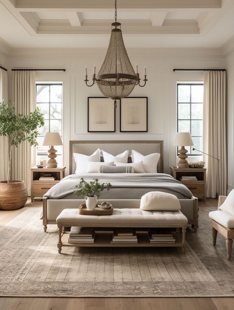 Master Bedrooms With Windows Beside Bed, Master Bedrooms Decor Farmhouse Boho, Organic Industrial Bedroom, French Villa Interior Bedroom, Luxury Half Bathroom Designs, Luxury Bedroom Master Nightstands, Beige Master Bedrooms Decor, Bedroom Inspirations Master Contemporary, Bedroom Seating Area Ideas Master Suite