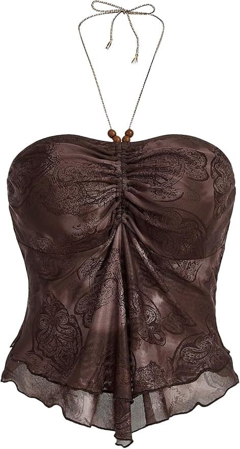 Floerns Women's Beaded Halter Ruched Lettuce Trim Ruched Cami Crop Tube Top Brown A Medium at Amazon Women’s Clothing store Ruched Halter Top, Plus Size Bohemian, Hippie Top, Boho Fabric, Top Halter, Styl Boho, Halter Neck Top, Halter Tops, Strapless Tops