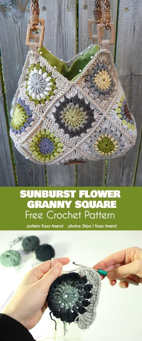 Sunburst Flower Granny Square Free Crochet Pattern Segi Lima, Granny Square Purse, Sac Granny Square, Granny Square Häkelanleitung, Tote Crochet, Flower Granny Square, Square Purse, شال كروشيه, Crochet Headband Pattern