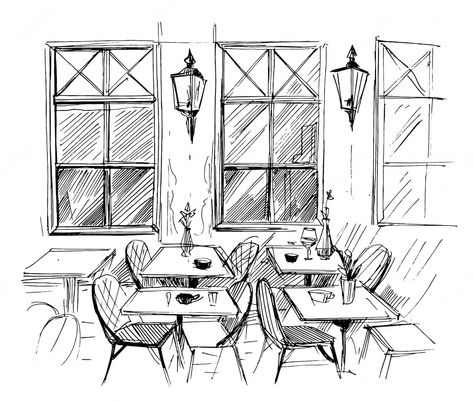 Cafe Drawing Interior, Cafe Sketch Drawing, Restaurant Drawing Sketch, Cafe Sketch Coffee Shop, Coffee Shop Drawing Sketch, Cafe Perspective, Sketches Background, Cafe Sketches, Rapid Sketches