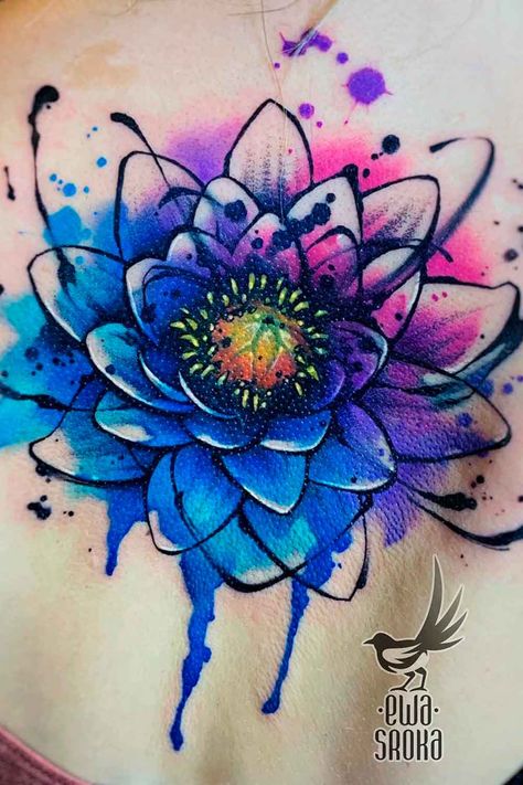 Lotus Flower Tattoo Designs: Symbolism and Inspiration - Glaminati Blue Lotus Tattoo, Watercolor Lotus Tattoo, Flower Cover Up Tattoos, Lotus Flower Tattoo Meaning, Watercolor Tattoo Sleeve, Blue Flower Tattoos, Purple Butterfly Tattoo, Flower Bouquet Tattoo, Lotus Flower Tattoo Design