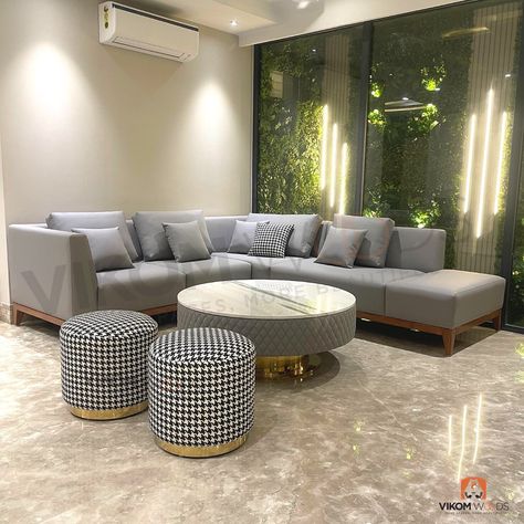 Vikom Woods on Instagram: “An L-shape Sofa Design perfectly fit for a spacious living room with a Modern Coffee Table Design with SS Gold base along with Italian…” Centre Table For L Shape Sofa, L Shape Sofa Tv Lounge, L Shape Hall Interior Design, L Type Sofa Living Rooms Indian, L Shaped Sofa Designs For Living Room, L Shape Sofa Design Living Rooms Indian, Sofas Ideas Living Room Modern L Shape, L Shaped Sofa Living Room Layout, L Type Sofa Living Rooms