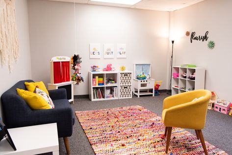 Play Therapy Office Private Practice, Small Play Therapy Office, Play Therapy Office Ideas, Therapy Room Ideas Office, Counseling Room Design Counselor Office, Counselling Room Ideas, Play Therapy Office Decor, Play Therapy Office Set Up, Child Therapy Office Decor