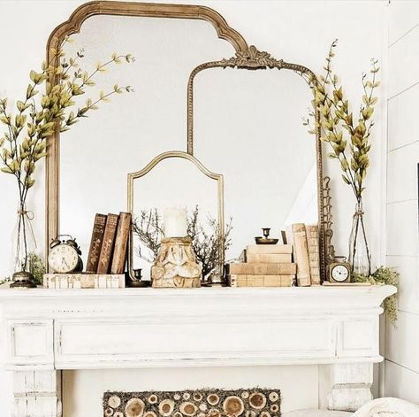 Layering Mirrors, Decorating With Mirrors, Tomorrow Is The Day, Fireplace Mantle Decor, Hot Mess Express, Fireplace Mantel Decor, Farmhouse Fireplace, Vintage Mirror Wall, Vintage Mirrors