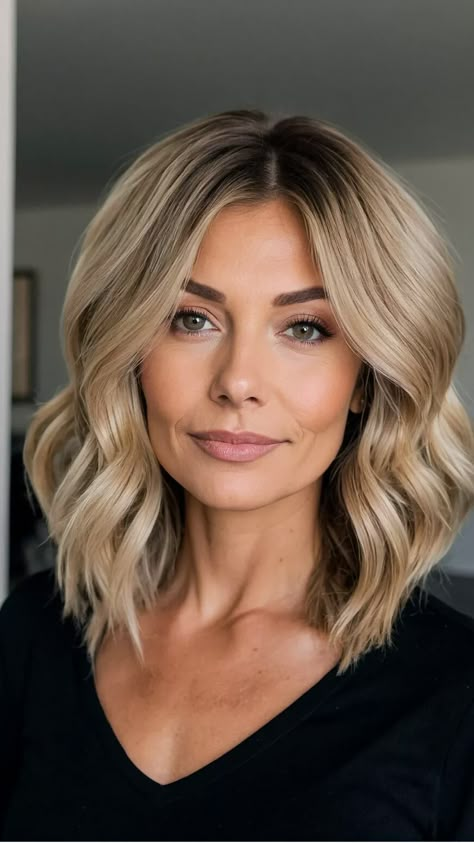 Modern Mom Haircuts with Side Part 42 Haircuts With Side Part, Short Blonde Wavy Hair, Mom Chop Hair, Hot Mom Haircut, Cute Mom Haircuts, Lady Locks, Beachy Waves Hair, Mom Haircuts, Long Face Haircuts