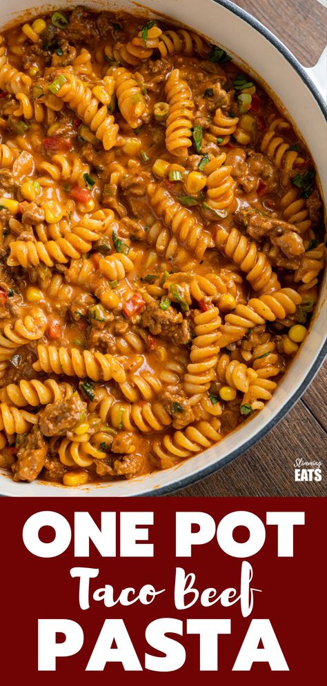 One Pot Taco Beef Pasta (from www.slimmingeats.com) - an easy yummy recipe that is cooked all in one pan. Cheesy spicy taco flavoured deliciousness!! #slimmingworld #weightwatchers #onepot #beef #pasta #taco Pasta Taco, Taco Beef, Beef Pasta Recipes, Minced Beef Recipes, Minced Meat Recipe, Spicy Tacos, Healthy Family Dinners, Beef Pasta, Easy Meat Recipes