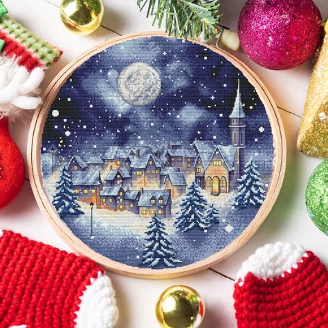 🌟 Cross stitch pattern winter night. Digital Pattern Winter Snowy Town Night Pattern. Christmas village landscape Hand Embroidery Needlepoint chart 🌟 "Winter night" pattern 🌟 designer - Svitlana Hrybach 🌟 @xfreestitch 🌟 Size: 180 x 180 crosses. 26,536 crosses for the marathon. 🌟 14 count (count) - 32.66 x 32.66 or 12.85 x 12.85 inches 🌟 16 count (count) - 28.6 x 28.6 or 11.25 x 11.25 inches 🌟 18 count (count) - 25.4 x 25.4 cm or 10 x 10 inches 🌟 DMC palette 🌟 Number of colors: 33 (2 sh Cross Stitch Winter, Cross Stitch Winter Patterns, Christmas Cross Stitch Patterns Free Nativity, Christmas Village Embroidery, Aurora Borealis Cross Stitch Pattern, Cross Stitch Northern Lights Landscape Patterns Free, Cross Stitch Winter Landscape, Christmas Cross Stitch Patterns Free, Winter Embroidery