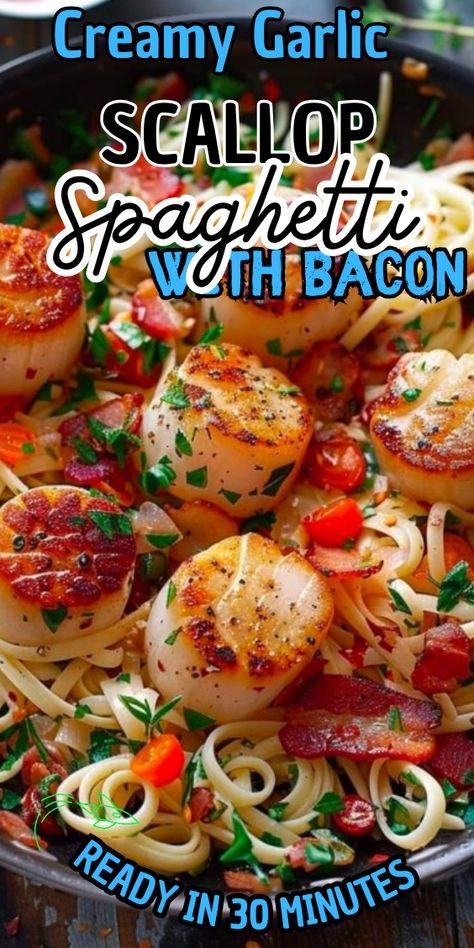 Creamy Garlic Scallop Spaghetti with Bacon Scollops Recipes Easy, Scallop Spaghetti, Spaghetti With Bacon, Easy Scallop Recipes, Scallop Recipe, Spaghetti Recipes Easy, Chicken Tortellini Soup, Chicken Tortellini, Creamy Garlic Sauce