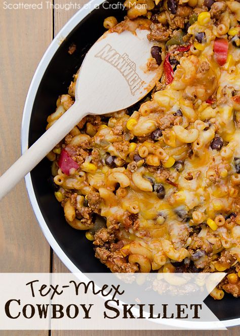 Tex-Mex Cowboy Skillet. Super simple family friendly meal ready in 30 min or less. Cowboy Skillet, Easy Skillet Meals, Fall Comfort Food, Crafty Mom, Quick And Easy Dinner, Ready Meal, Beef Dishes, Family Friendly Meals, Tex Mex