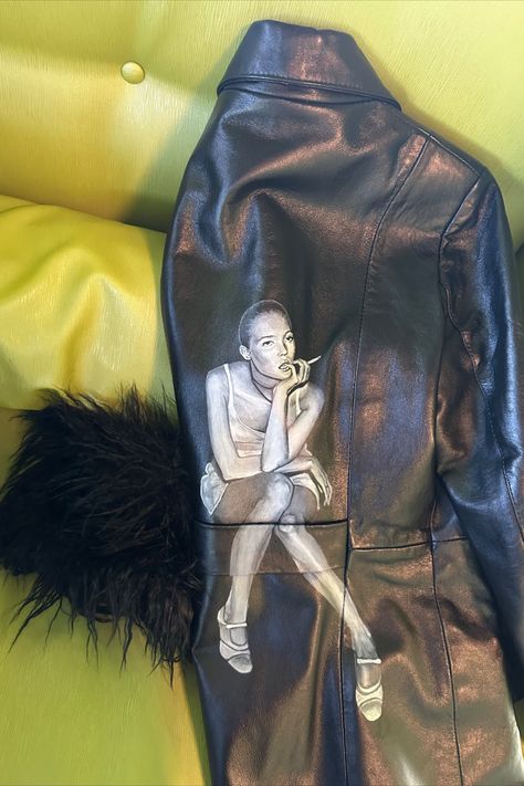 Hand painted leather jacket black leather jacket fur kate moss chic chartruese Leather Jacket Painting, Leather Jacket Fur, Hand Painted Leather Jacket, Painted Leather Jacket, Jacket Fur, Painted Jacket, Custom Ideas, Hand Painted Leather, Leather Jacket Black