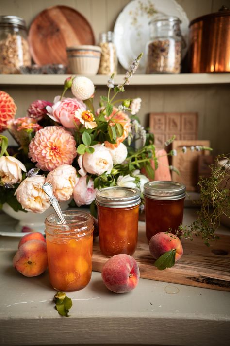 Canning Aesthetic, Homestead Asthetic, Peach Jam Aesthetic, Easy Peach Jam Recipe No Pectin, Peach Freezer Jam Recipe No Pectin, Peach Jam Recipe No Pectin, Peach Conserve Recipe, Homemade Jam Recipes, Peaches And Strawberries