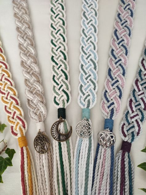 "Custom item: customise your own bespoke Celtic braided (12 strand) handfasting cord in soft recycled cotton yarn by choosing your own colours. You can add pendants using the upgrade option if you wish ~ please see details below. A completely natural, biodegradeable and eco friendly wedding cord, handmade to your requirements. The pictures show the range of available colours in this beautiful, soft and flexible 100% recycled cotton yarn.  *Please note: ~ the Cream colour is no longer available ~ the Moonlight shade has a very subtle pinkish hue ~ TO CUSTOMISE YOUR CORD: 1. Please use the drop down boxes to select the colours you would like for: ~ inner strands colour 1 - e.g. shown in Crimson in the labelled picture ~ inner strands colour 2 - e.g. shown in Ochre in the labelled picture 2. How To Braid A Handfasting Cord, Celtic Wedding Ideas, Diy Handfasting Cords, Celtic Macrame, Celtic Handfasting, Celtic Braid, Wedding Cord, Handfasting Cords, Rustic Style Wedding