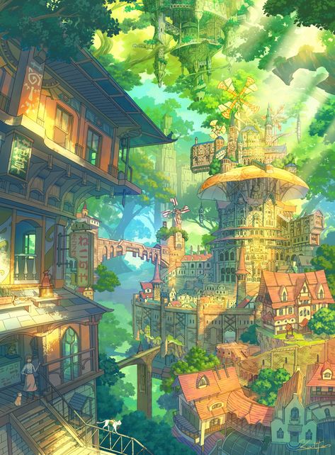 Yuumei Art, Solar Punk, Anime City, Forest City, Urban Landscapes, 수채화 그림, Fantasy City, Fantasy Places, Fantasy Map